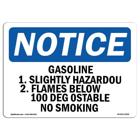 OSHA Notice Sign - Gasoline 1. Slightly Hazardous 2. Flames | Aluminum Sign | Protect Your Business, Work Site, Warehouse & Shop Area | Made in the USA