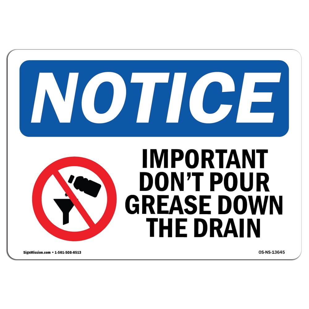 OSHA Notice Sign - Important Don't Pour Grease | Plastic Sign | Protect ...