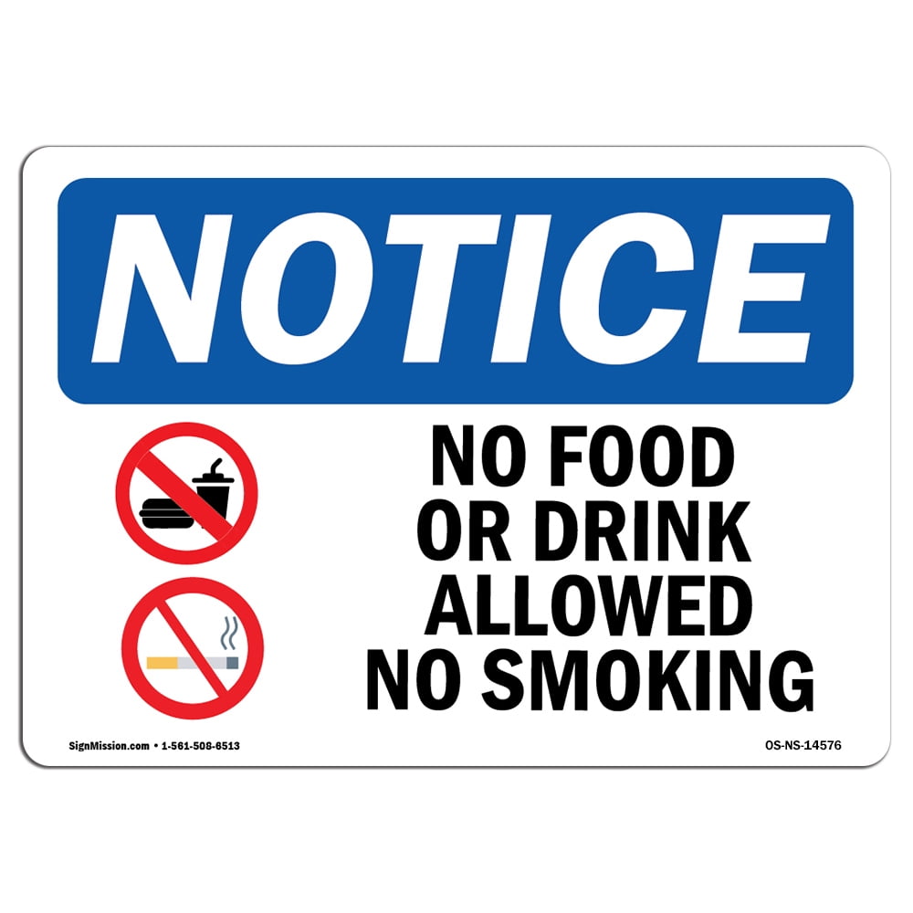 OSHA No Food No Drink Allowed Safety Sign - 10x7 Inch Plastic Facility Sign
