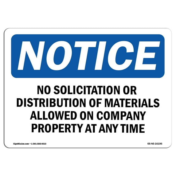 OSHA Notice Sign - NOTICE No Solicitation Or Distribution | Aluminum Sign | Protect Your Business, Work Site, Warehouse & Shop Area | Made in the USA