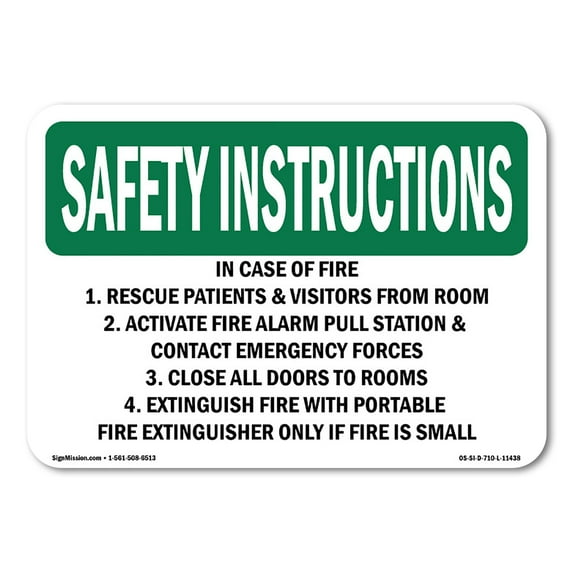 OSHA SAFETY INSTRUCTIONS Sign - In Case Of Fire 1. Rescue Patients And Visitors | Aluminum Sign | Protect Your Business, Warehouse | Made in the USA