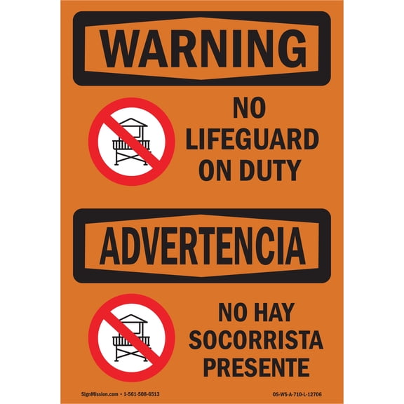 SignMission OS-WS-A-1014-L-12706 10 x 14 in. OSHA Warning Sign - No Lifeguard on Duty Bilingual