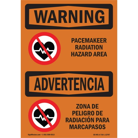 SignMission OS-WS-A-1014-L-12747 10 x 14 in. OSHA Warning Sign - Pacemaker Radiation Hazard Area Bilingual