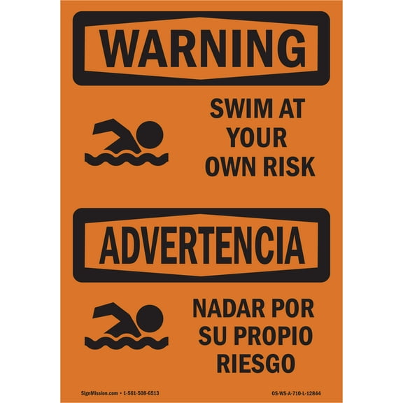 OSHA WARNING Sign - Swim At Your Own Risk With Symbol Bilingual | Aluminum Sign | Protect Your Business, Work Site, Warehouse & Shop Area | Made in the USA