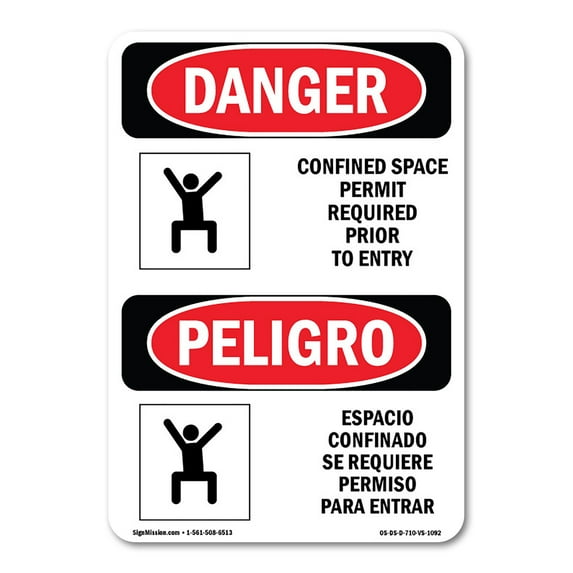 SignMission OS-DS-A-1218-VS-1092 12 x 18 in. OSHA Danger Sign - Confined Space Permit Required Bilingual