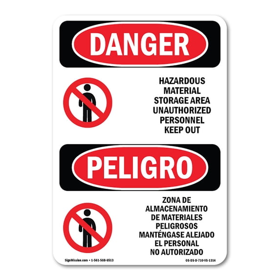 SignMission OS-DS-A-1218-VS-1314 12 x 18 in. OSHA Danger Sign - Hazardous Material Storage Area Bilingual