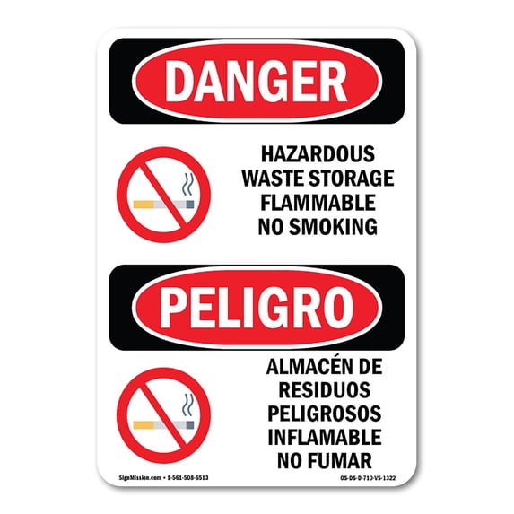 SignMission OS-DS-A-1218-VS-1322 12 x 18 in. OSHA Danger Sign - Hazardous Waste Storage No Smoking Bilingual