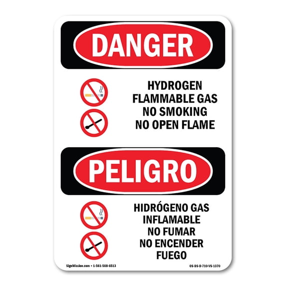 SignMission OS-DS-A-1218-VS-1370 12 x 18 in. OSHA Danger Sign - Hydrogen Flammable Gas No Smoking Bilingual