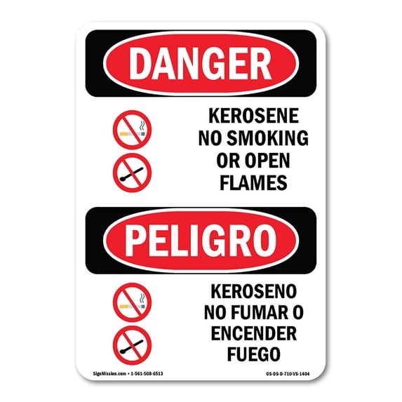 SignMission OS-DS-A-1218-VS-1404 12 x 18 in. OSHA Danger Sign - Kerosene No Smoking or Open Flames Bilingual