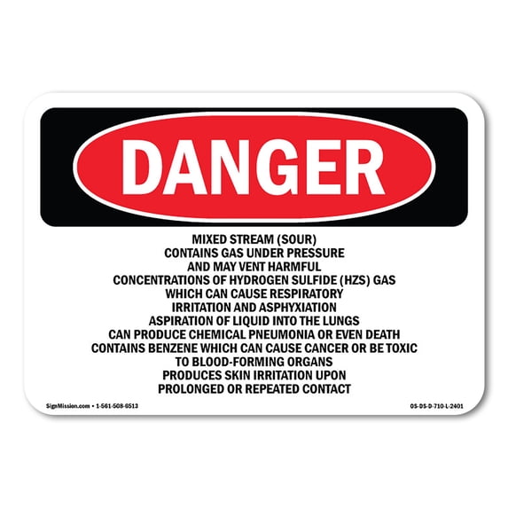 OSHA Danger Sign - Mixed Stream (Sour) Contains Gas Under Pressure | Aluminum Sign | Protect Your Business, Construction Site, Shop Area | Made in The USA