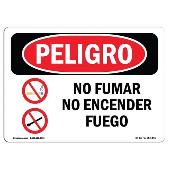 SignMission OS-DS-A-1218-LS-1491 12 x 18 in. OSHA Danger Sign - No Smoking No Open Flames Spanish