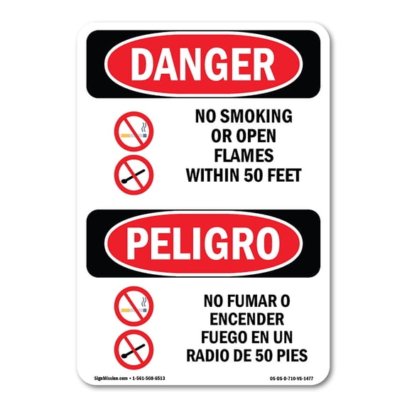 OSHA Danger Sign - No Smoking Or Open Flames 50 Feet Bilingual | Aluminum Sign | Protect Your Business, Construction Site, Shop Area | Made in The USA