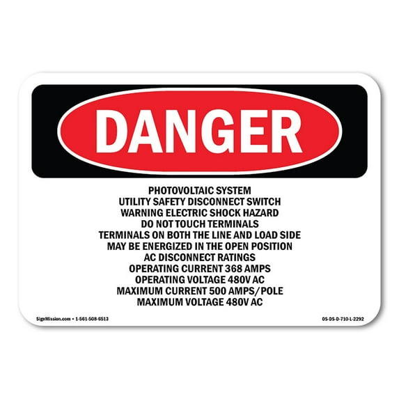 OSHA Danger Sign - Photovoltaic System Utility Safety Disconnect | Aluminum Sign | Protect Your Business, Construction Site, Shop Area | Made in The USA