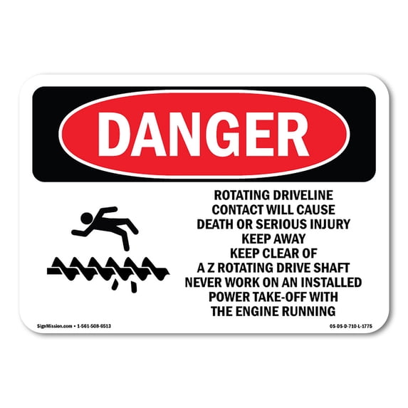 SignMission OS-DS-A-1218-L-1775 12 x 18 in. OSHA Danger Sign - Rotating Driveline Contact Cause Death