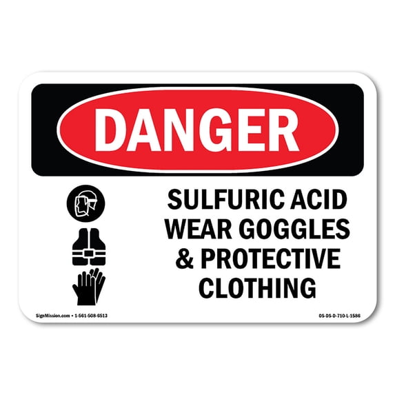 SignMission OS-DS-A-1218-L-1586 12 x 18 in. OSHA Danger Sign - Sulfuric Acid Wear Goggles