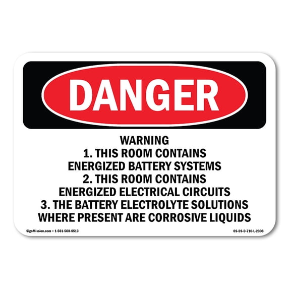 SignMission OS-DS-A-1218-L-2303 12 x 18 in. OSHA Danger Sign - Warning 1. This Room Contains Energized Battery Systems