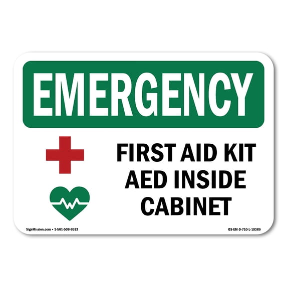 OSHA EMERGENCY Sign - First Aid Kit AED Inside Cabinet With Symbol | Aluminum Sign | Protect Your Business, Work Site, Warehouse | Made in the USA