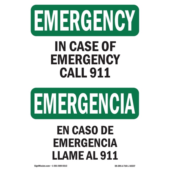 SignMission OS-EM-A-1218-L-10337 12 x 18 in. OSHA Emergency Sign - In Case of Call 911 Bilingual