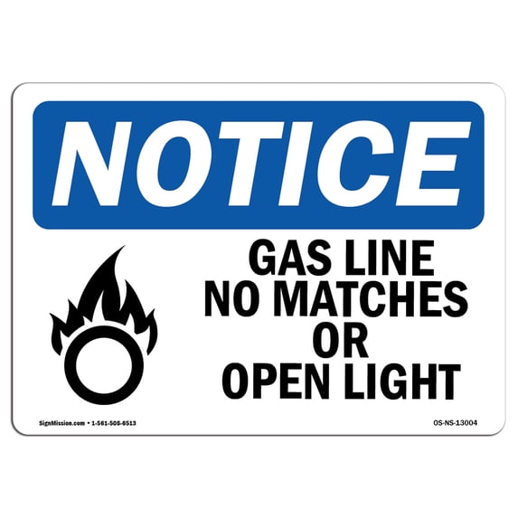 SignMission OS-NS-A-1218-L-13004 12 x 18 in. OSHA Notice Sign - Gas Line No Matches or Open Lights