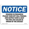 thumbnail image 1 of OSHA Notice Sign - Hearing In Progress Please Turn Off Cell |  Aluminum Sign | Protect Your Business, Work Site, Warehouse & Shop Area |  Made in the USA, 1 of 6