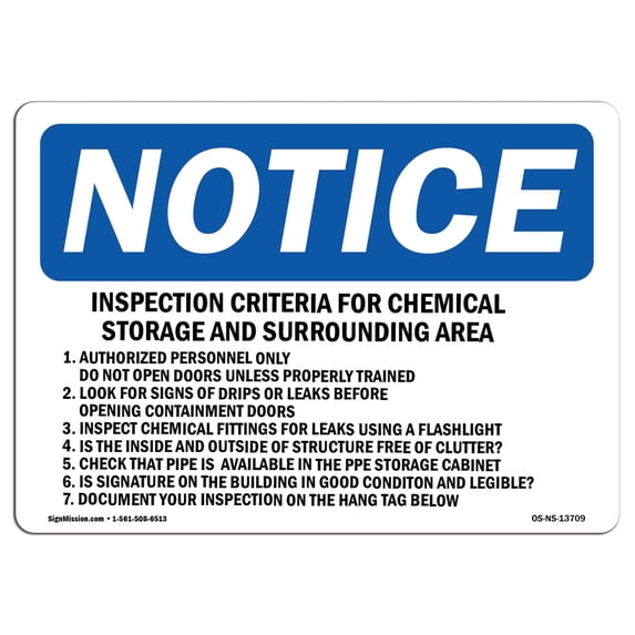 SignMission OS-NS-A-1218-L-13709 12 x 18 in. OSHA Notice Sign - Inspection Criteria for Chemical Storage