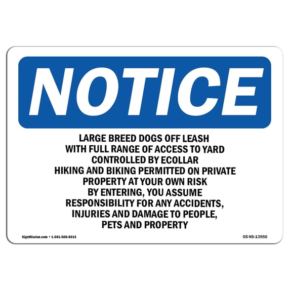 SignMission OS-NS-A-1218-L-13956 12 x 18 in. OSHA Notice Sign - Large Breed Dogs Off Leash with Full Range
