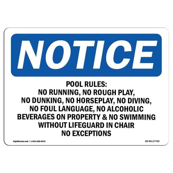 SignMission OS-NS-A-1218-L-17700 12 x 18 in. OSHA Notice Sign - Pool Slide Rules 1. No Life Jackets or Flotation