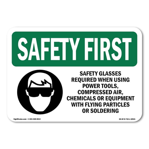 OSHA SAFETY FIRST Sign - Safety Glasses Required When With Symbol | Aluminum Sign | Protect Your Business, Work Site, Warehouse | Made in the USA