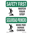 thumbnail image 1 of OSHA SAFETY FIRST Sign - Watch Your Step With Symbol Bilingual | Aluminum Sign | Protect Your Business, Work Site, Warehouse & Shop Area | Made in the USA, 1 of 6