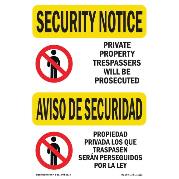 SignMission OS-SN-A-1218-L-11631 12 x 18 in. OSHA Security Notice Sign - Private Property Trespassers