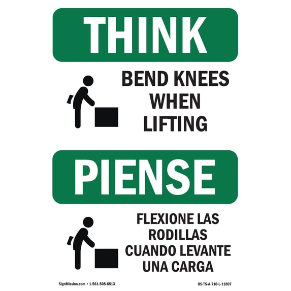 SignMission OS-TS-A-1218-L-11807 12 x 18 in. OSHA Think Sign - Bend Knees When Lifting Bilingual