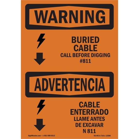 SignMission OS-WS-A-1218-L-12508 12 x 18 in. OSHA Warning Sign - Buried Cable Call Before Digging Bilingual