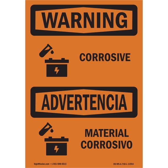 SignMission OS-WS-A-1218-L-11954 12 x 18 in. OSHA Warning Sign - Corrosive - Material Corrosivo