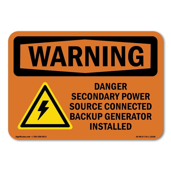 OSHA WARNING Sign - Danger Secondary Power Source With Symbol | Aluminum Sign | Protect Your Business, Work Site, Warehouse & Shop Area | Made in the USA