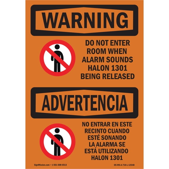 SignMission OS-WS-A-1218-L-12548 12 x 18 in. OSHA Warning Sign - Do Not Enter Room When Alarm Bilingual