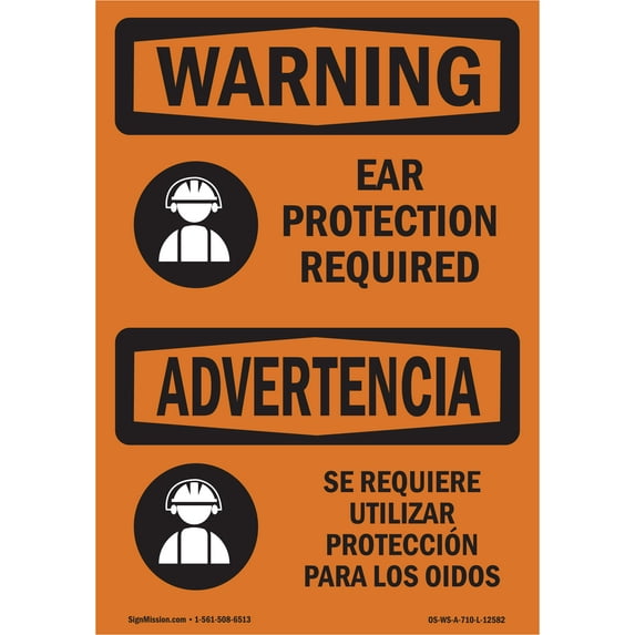 OSHA WARNING Sign - Ear Protection Required Bilingual | Aluminum Sign | Protect Your Business, Construction Site, Warehouse & Shop Area | Made in the USA