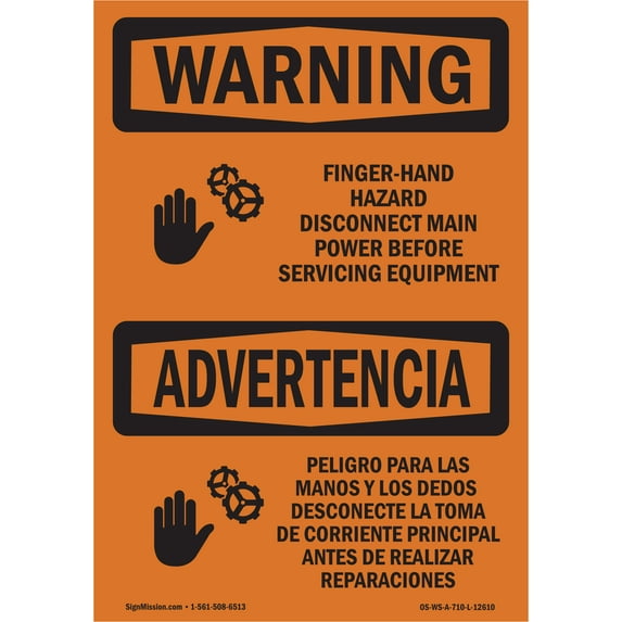 OSHA WARNING Sign - Finger - Hand Hazard Bilingual | Aluminum Sign | Protect Your Business, Construction Site, Warehouse & Shop Area | Made in the USA