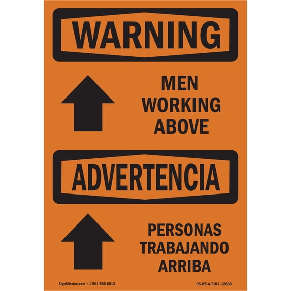 OSHA WARNING Sign - Men Working Above Bilingual | Aluminum Sign | Protect Your Business, Construction Site, Warehouse & Shop Area | Made in the USA