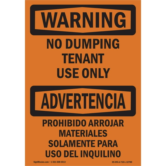 OSHA WARNING Sign - No Dumping Tenant Use Only Bilingual | Aluminum Sign | Protect Your Business, Work Site, Warehouse & Shop Area | Made in the USA