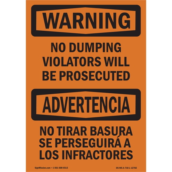 OSHA WARNING Sign - No Dumping Violators Prosecuted Bilingual | Aluminum Sign | Protect Your Business, Work Site, Warehouse & Shop Area | Made in the USA