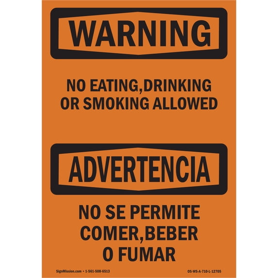 OSHA WARNING Sign - No Eating Drinking Or Smoking Bilingual | Aluminum Sign | Protect Your Business Work Site Warehouse & Shop Area | Made in the USA