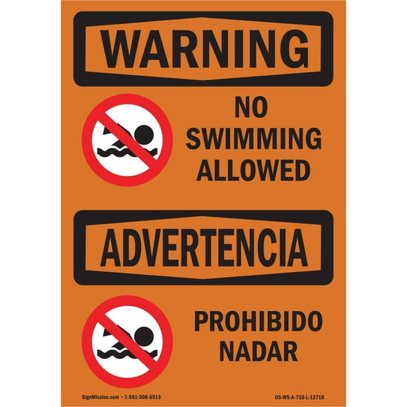 OSHA WARNING Sign - No Swimming Allowed Bilingual | Aluminum Sign | Protect Your Business, Construction Site, Warehouse & Shop Area | Made in the USA