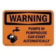 thumbnail image 1 of SignMission OS-WS-A-1218-L-12350 12 x 18 in. OSHA Warning Sign - Pumps in Pumphouse Can Start with Symbol, 1 of 6