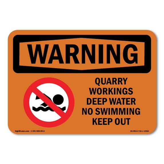 SignMission OS-WS-A-1218-L-12354 12 x 18 in. OSHA Warning Sign - Quarry Workings Deep Water No with Symbol