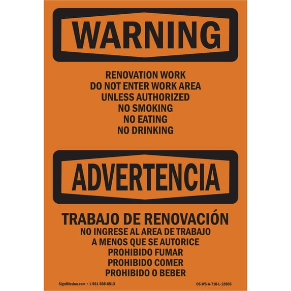 SignMission OS-WS-A-1218-L-12805 12 x 18 in. OSHA Warning Sign - Renovation Work Do Not Enter Work Area