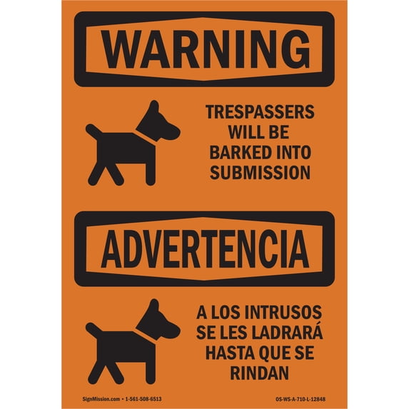 OSHA WARNING Sign - Trespassers Barked Submission Bilingual | Aluminum Sign | Protect Your Business, Work Site, Warehouse & Shop Area | Made in the USA