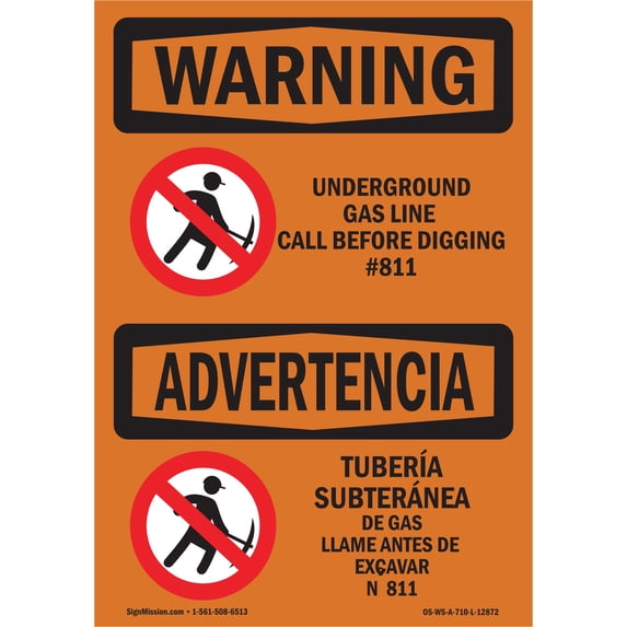 OSHA WARNING Sign - Underground Gas Line Call #811 Bilingual | Aluminum Sign | Protect Your Business, Work Site, Warehouse & Shop Area | Made in the USA