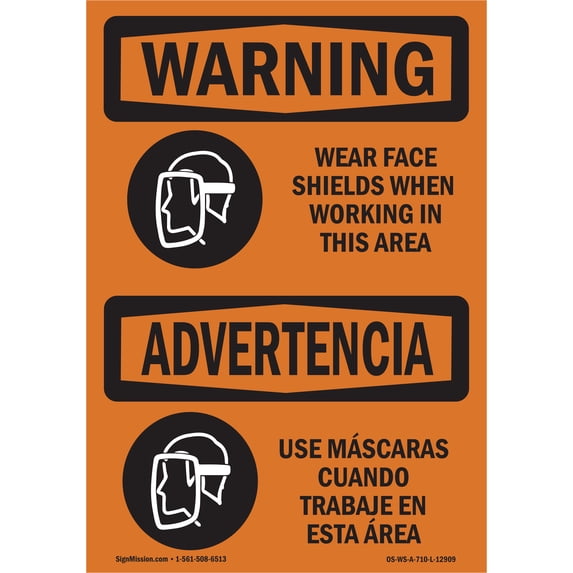 OSHA WARNING Sign - Wear Face Shields When Working Bilingual | Aluminum Sign | Protect Your Business, Work Site, Warehouse & Shop Area | Made in the USA