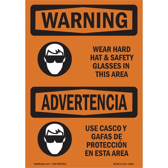 OSHA WARNING Sign - Wear Hard Hat And Safety Glasses Bilingual | Aluminum Sign | Protect Your Business, Work Site, Warehouse & Shop Area | Made in the USA