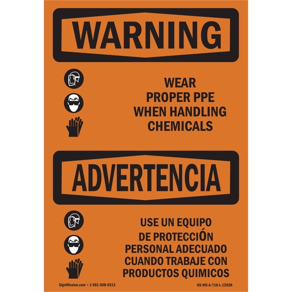 OSHA WARNING Sign - Wear PPE Handling Chemical Bilingual | Aluminum Sign | Protect Your Business, Work Site, Warehouse & Shop Area | Made in the USA